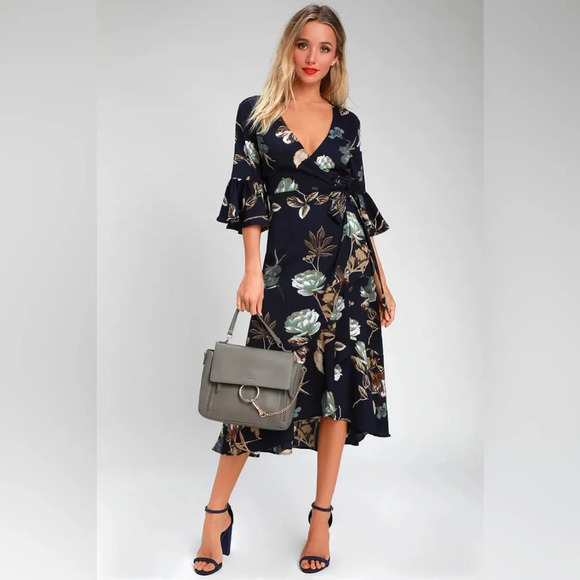 Lulu’s Love and Light Blue Floral Print Midi Ruffle Wrap Dress - Picture 1 of 9